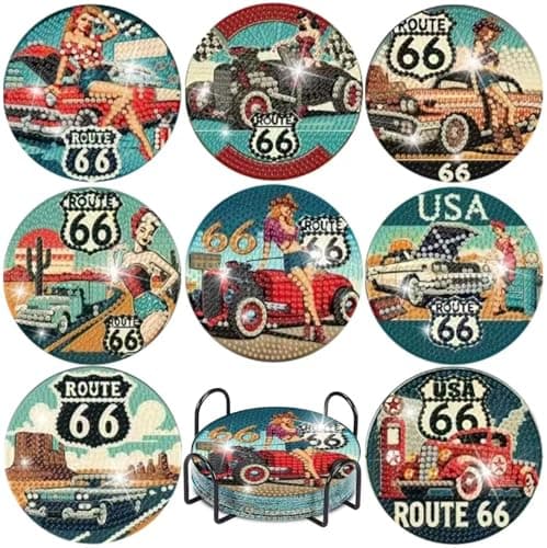 Mrnsiet 8 Pcs Car Diamond Art Coasters Kits for Adults Highway Landscape Diamond Painting Coaster with Holder Non Slip Hardwood Bases Coaster Set Gift for Beginners 4x4 Inch