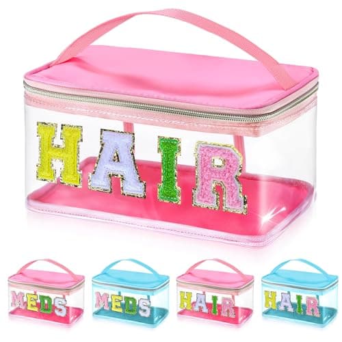 libfrnt Chenille Letter Clear Makeup Bags Preppy Pink Hair Bag Chenille Patch Makeup Bag Travel Cosmetic Bag with Handle Zipper Waterproof TPU Hair Accessories Organizer Pouch for Women Girl