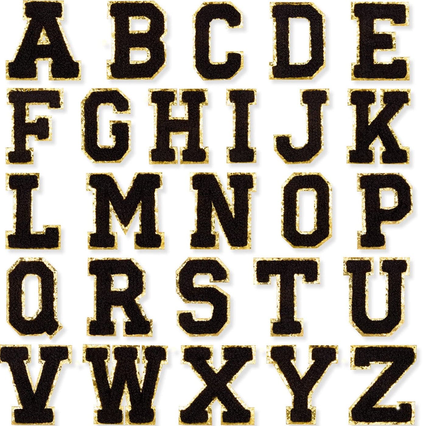 26 Pieces Glitters Patches Iron on Letters Chenille AZ Patches Decorative Repair Embroidered Personalized Sew on for Clothing Repairing Hats Shirts Shoes Jeans BagsGold Black