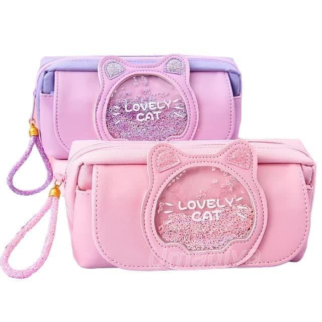 Galaxy Hi-Tech Big Size Lovely Cat Pencil Canvas Case Large Capacity Pencil Bag Side Pockets Eva Pencil Pouch With Zipper Closure Portable Makeup Pouch Case Cute Stationery Bag,pink & purple