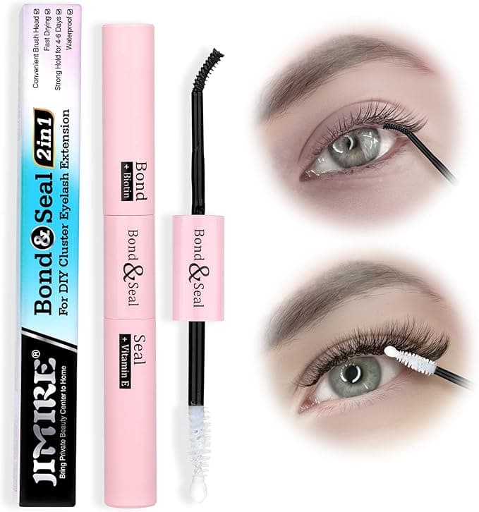 JIMIRE Lash Glue Bond and Seal for DIY Individual Eyelashes 2 in 1 Strong Hold Waterproof Lash Adhesive for Cluster Lashes 72 Hours Long Lasting Bond and Seal for Sensitive Eyes