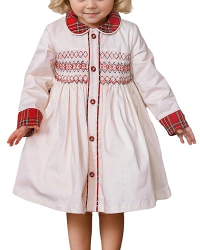 Toddler Smocked Dress Baby Girls Clothing Long Sleeve Fall Dresses Family Matching Easter Clothes for Birthday Holiday US Age 4 Years Cream Color