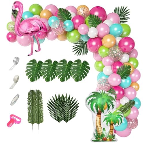 132Pcs Tropical Flamingo Balloons Garland Kit Flamingo Foil Balloons Green Pink Aqua Blue Confetti Balloon Palm Leaves Baby Shower Hawaiian Luau Birthday Party Decorations Supplies