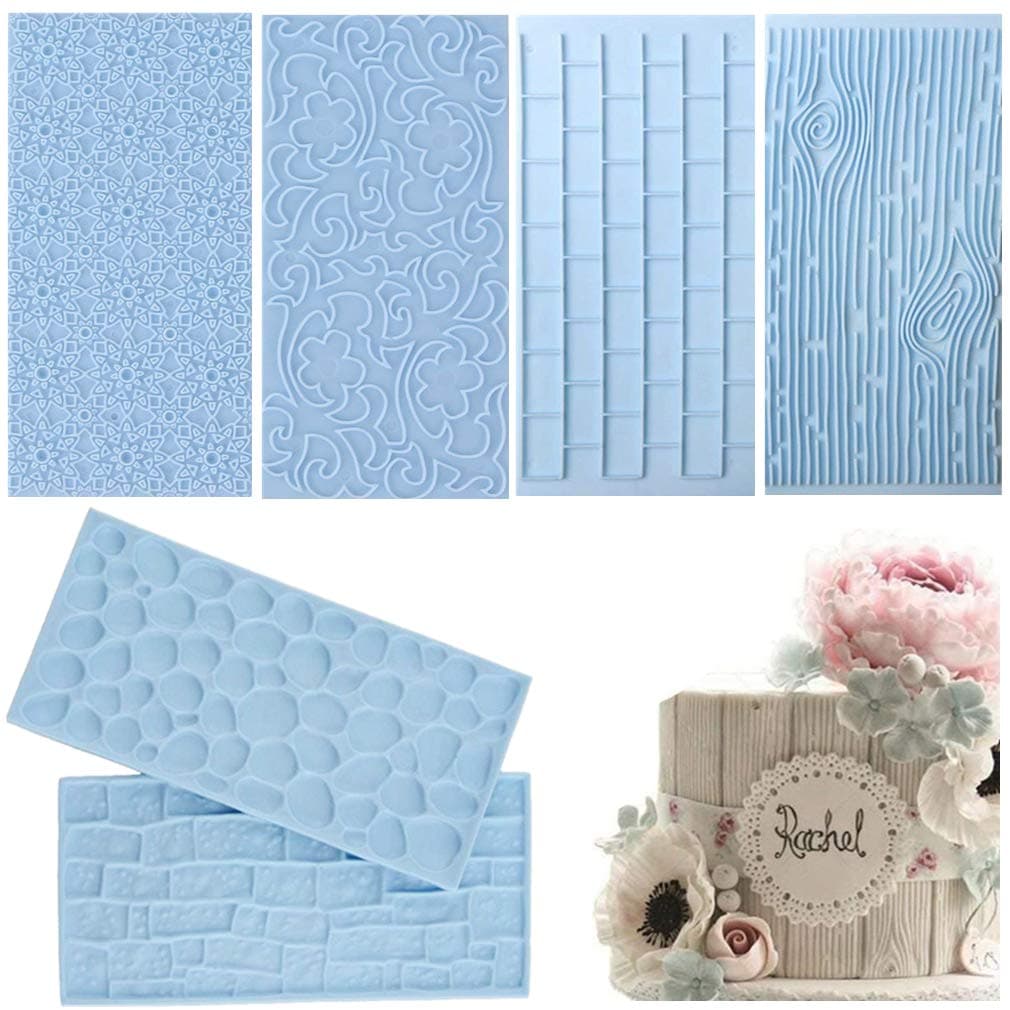 JOERSH 6 Pack Fondant Texture Mats Wood Grain Brick Castle Wall Cobblestone Texture Design Mold Fondant Molds for Clay Chocolate Fondant Cake Embossed Impression Sheets