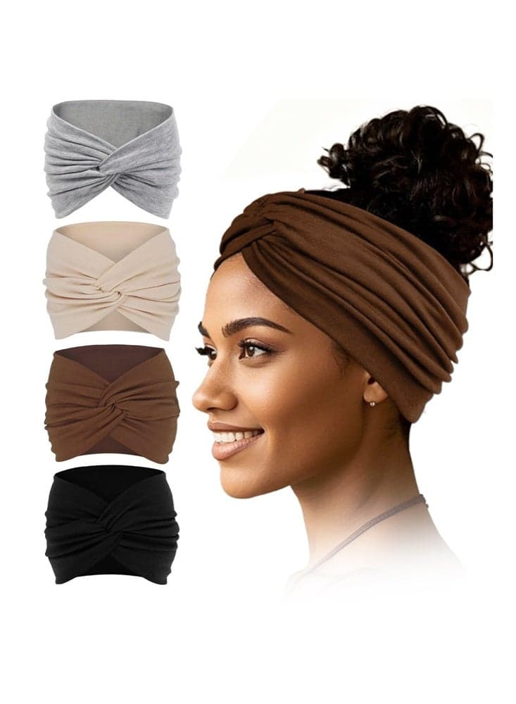 4 Pcs 7'' Wide Headbands for Women Criss Cross Vintage Head Wrap Boho Headband Elastic Hair Accessories for Sports & Yoga - Comfortable and Skin-Friendly - Breathable Cotton Elastic Running Fitness Yoga Sweat Wicking Headbands