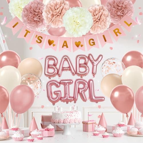 Pink Baby Shower Decorations with Ivory White Paper Pom Poms Rose Gold Dusty Pink Balloons Banner for Gender Reveal Birthday Party Baby Shower Decorations