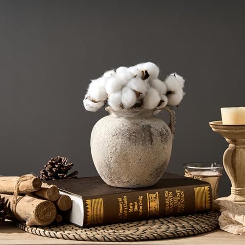 PORCER Antique Terracotta Vase with Handle, 5.6 Inch Farmhouse Ceramic Vase Boho Decor Decorative Vase, Rustic Vase for Home Decor, Living Room, Table, Wedding - Distressed Design, Gray