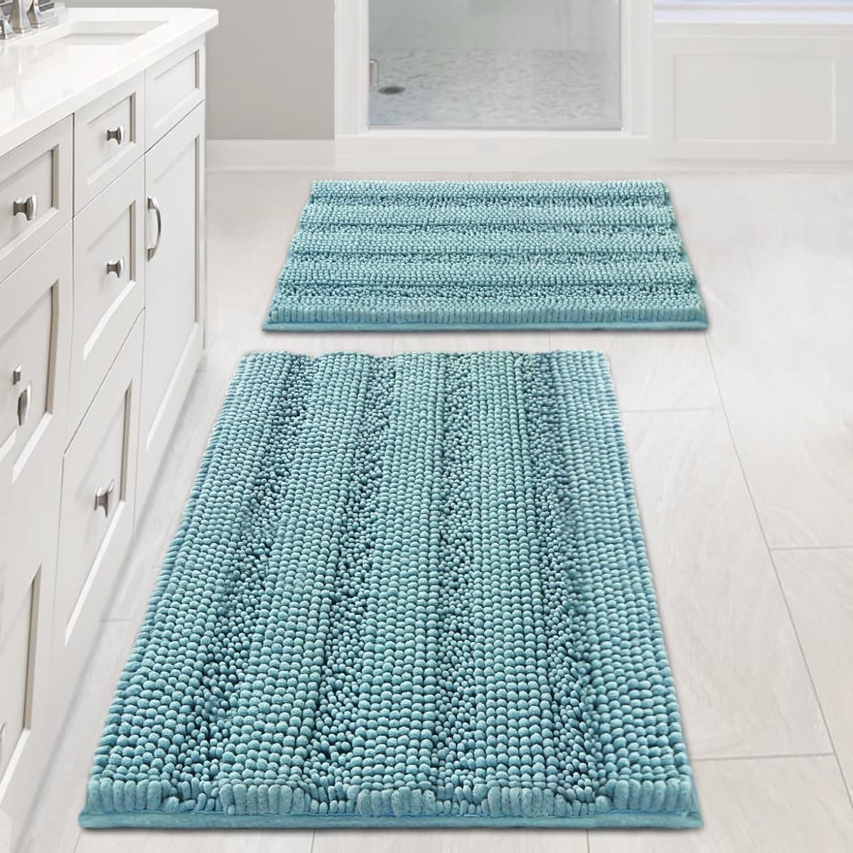 HVERSAILTEX Extra Thick Chenille Striped Pattern Bath Rugs for Bathroom Non Slip Soft Plush Shaggy Mats for Floor Indoor Entryway Aqua Haze 32 x 20 Plus 24 x 17 Inches