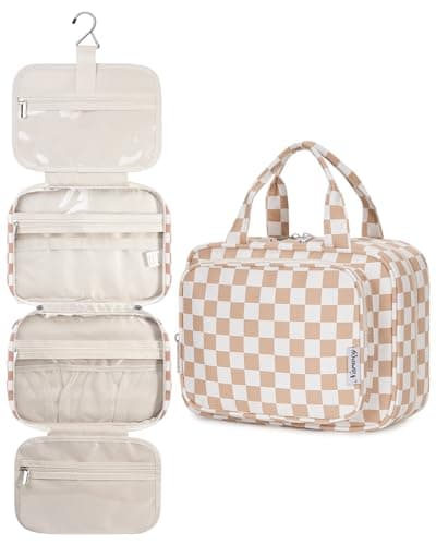Narwey Hanging Toiletry Bag for Women Travel Makeup Bag Organizer Toiletries Bag for Travel Size Essentials Accessories Cosmetics Light Checkerboard Medium