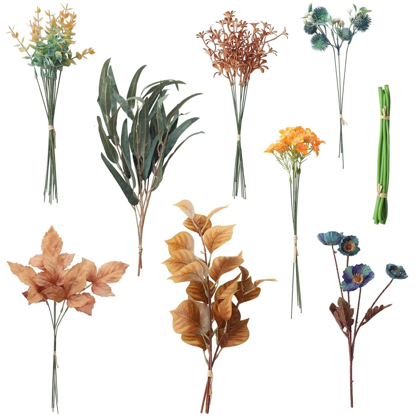 Floroom Artificial Greenery Stems Box Set 39pcs with 8 Kinds of Faux Greenery Flowers Picks for DIY Bridal Bouquets Wedding Floral Arrangement Table Centerpieces Earth Tones Teal