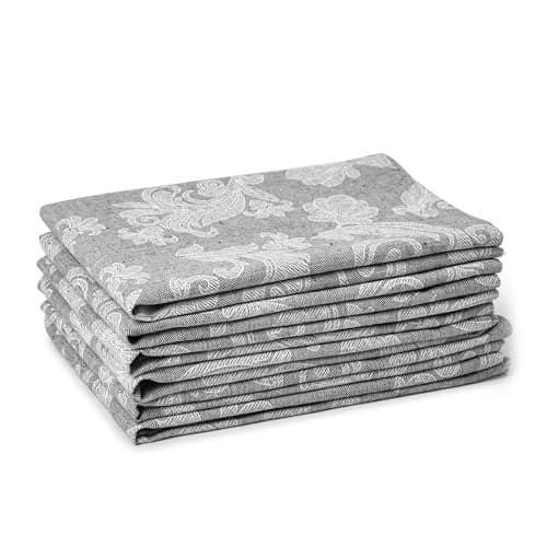 Encasa XO Cotton Table Napkins Set of 6, Size 45x45 cm | Grey Floral Jacquard Style Machine Washable Reusable Dining Table Napkin, Soft & Absorbent, Elegant Table Decor for Kitchen, Hotels, Parties