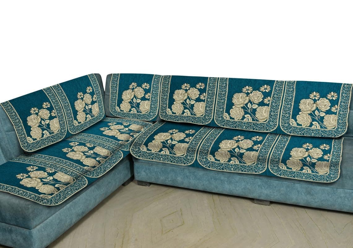 Dazzling DECOR Soft Velvet L Shape 7 Seater Flower Design Sofa Cover | Anti-Slip Sofa Protector Covers | Slipcovers for Living Room, Home Decor - Sky Blue
