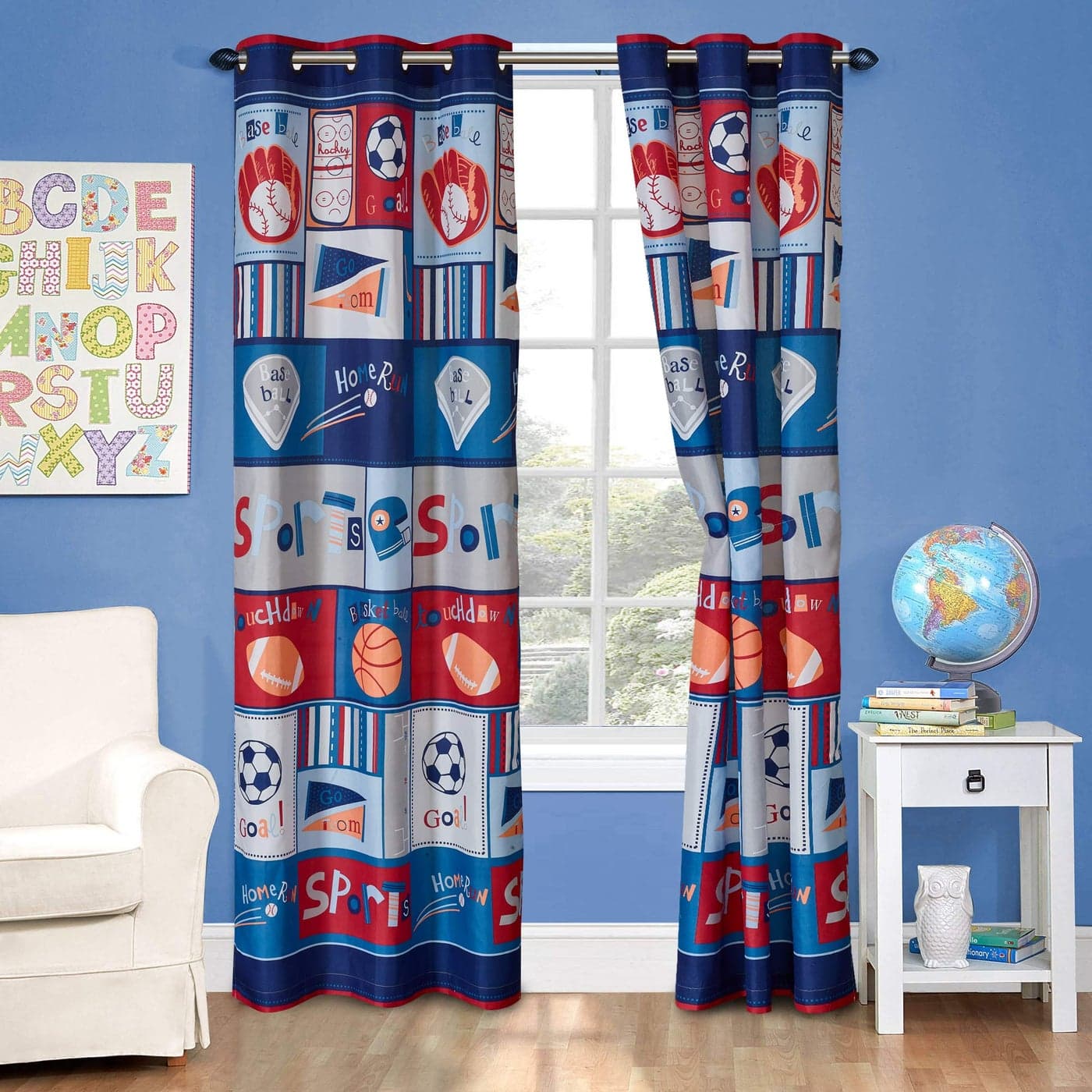 Kids Zone 2 Panel Curtain Set with Grommet for Boys Girls Teens Bedroom Multicolor Set Sport Basket Ball Baseball Fottball Soccer Red Blue Grey New