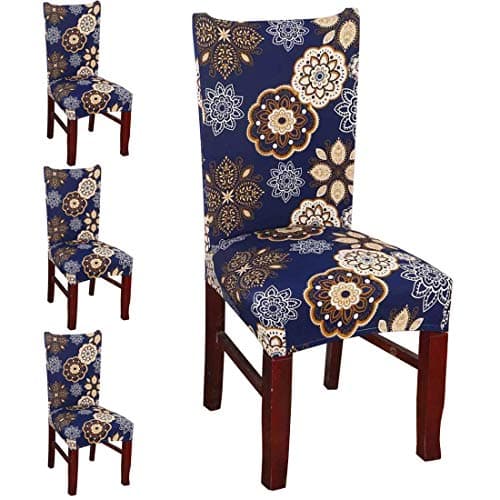 Styleys Stretchable Elastic Dining Chair Covers Seat Case Protector, Slipcover for Home, Kitchen, Party, Restaurant (SD08 Blue Geometry Flower), Set of 4