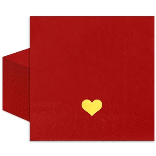 JarThenaAMCS Valentine's Day Guest Napkins Red Heart Disposable Paper Napkin Gold Foil Dinner Hand Napkins for Wedding Anniversary Birthday Dinner Party Supplies Table Decor, 50 Pcs