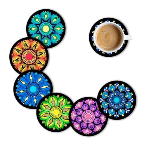Brizberry® Premium Round Mandala Ethnic Beautiful Wooden Coasters, Diwali Gift, Fit for Tea Cups, Coffee Mugs and Glasses 4 8 12 (3.5X3.5 Inch) (Design 18 (Set of 6))