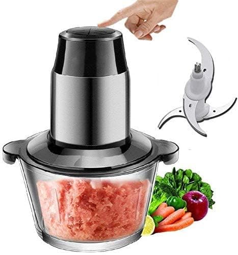 FEELING MALL 2 Liter ABS Electric Meat Grinder 300W With Bowl Stainless Steel and Glass Fruits Vegetable Grater Chopper Fillings Maker Onion, Garlic Slicer Dicer Nuts Blender Heavy for Kitchen