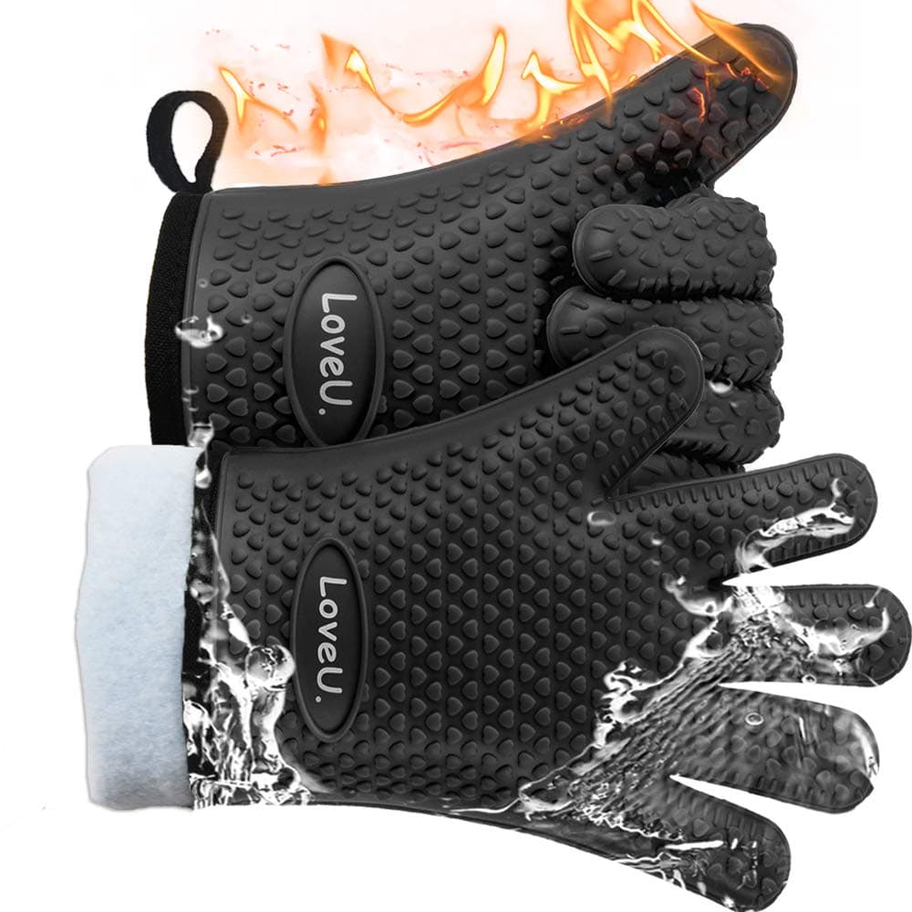 Loveuing Kitchen Oven Gloves DualLayer Heat Resistant Grilling Gloves Silicone Oven Mitts with 5 Fingers Waterproof NonSlip Pot Holder for Barbecue Cooking Baking Small Black