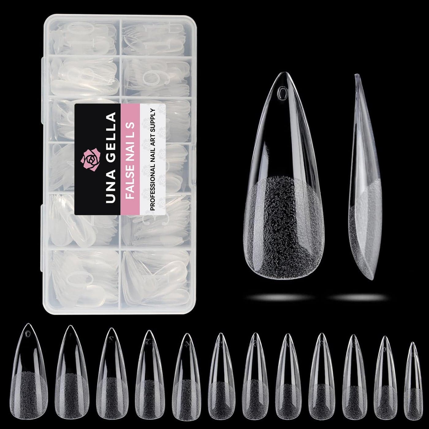 UNA GELLA Long Stiletto Gel Nail Tips Full Cover 504PCS Preshape Long Stiletto Almond Fake Clear Nails Tips No Need File Gel Tips No C Curve for Nail Extension DIY Art Salon 12 Sizes