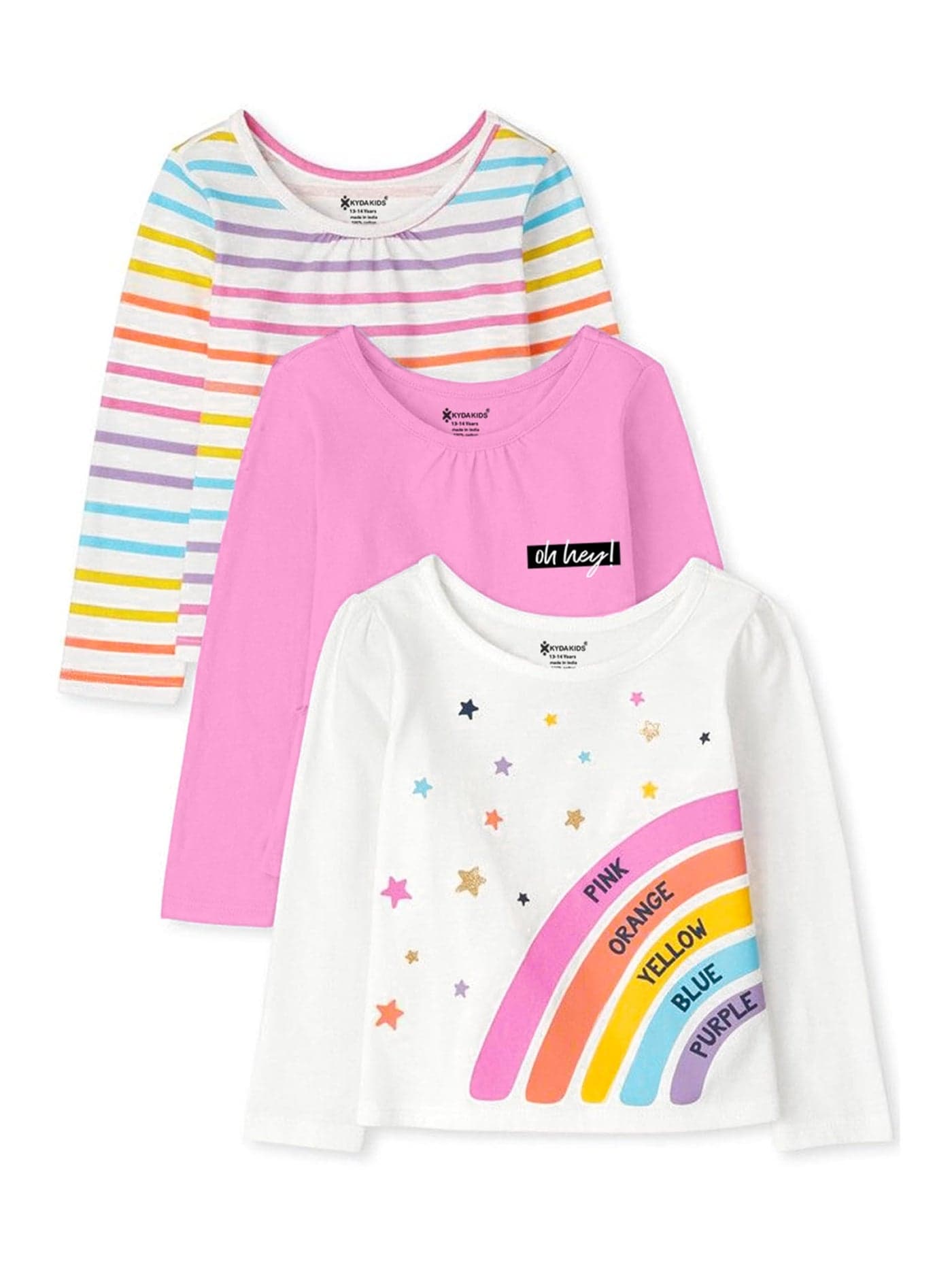KYDA KIDS® Girls Premium 100% Cotton T Shirt | Antibacterial Printed Round Neck Full Sleeve Relaxed Fit Casual Summer Kids Top | Multicolor (Pack of 3)