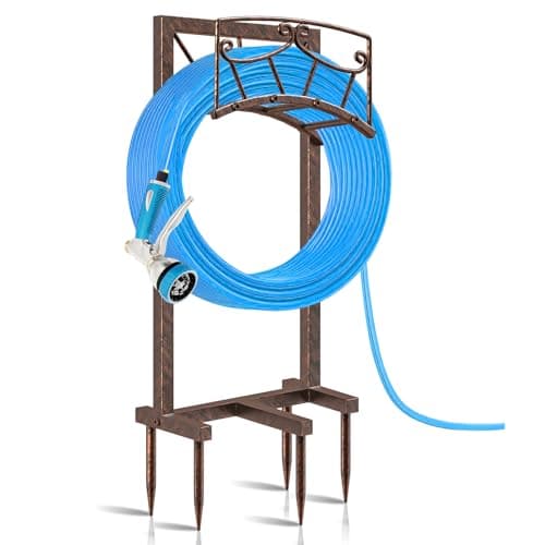 Gouisalin Garden Hose Holder Heavy Duty Metal Water Hose Holders Hose Stand with 5 Spikes Freestanding Hose Storage Rack Hose Hanger Holds 150ft Hose for Outside Yard Lawn Garden Decor