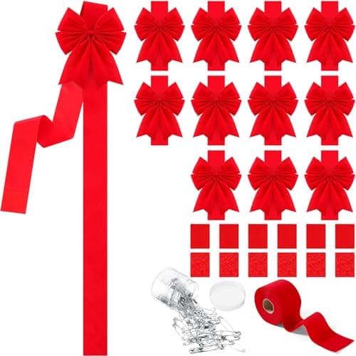 Syhood 12 Pieces Christmas Cabinet Ribbons Xmas Door Ribbon Cabinet Bows with Large 30m Christmas Red Ribbons for DIY Christmas Festive Party Christmas Tree Decor Dining Kitchen SuppliesRed Velvet