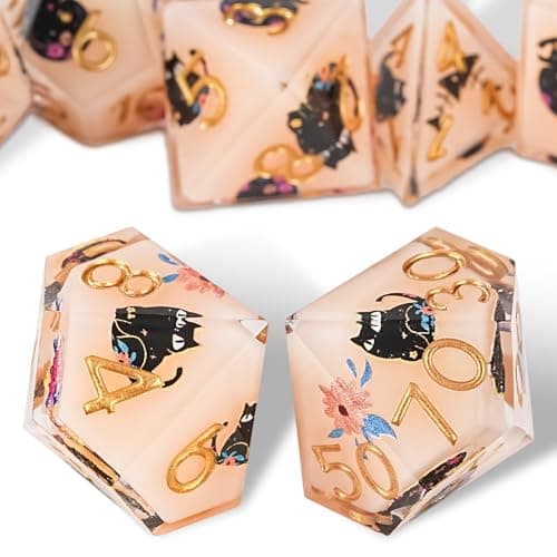 GU BEI TE DND Dice Set Cute Cat Flowers Style Sharp Edge Polyhedron Resin Dice for Dungeons and Dragons RPG MTG