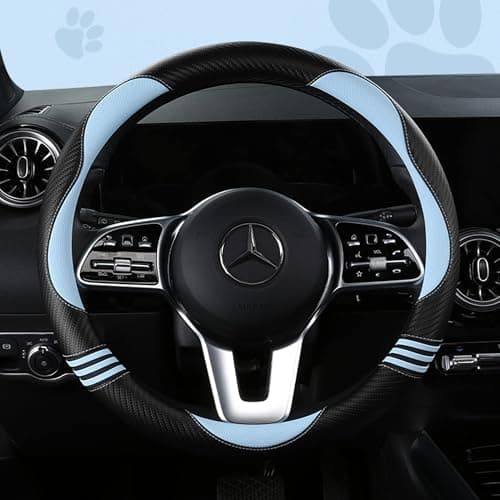 HighnessHwoo Car Steering Wheel Covers for Women Padded Carbon Fiber PU Leather Cute Auto Interior Accessories for Vehicle Sedan Universal Anti Slip Blue Standard Size 14751515in