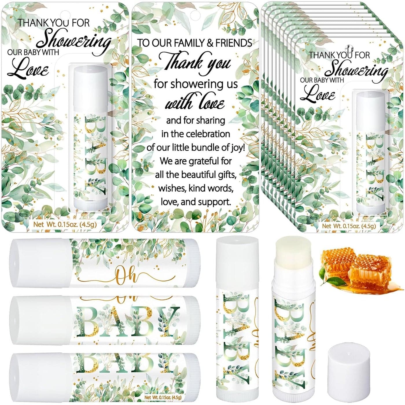 30 Pack Baby Shower Games Prizes Party Gifts Bulk Lip Balms Favors for Winners Adults Guests Gender Reveal Favors Decorations Baby Shower Souvenirs Gift Bags StuffersGreenery Eucalyptus