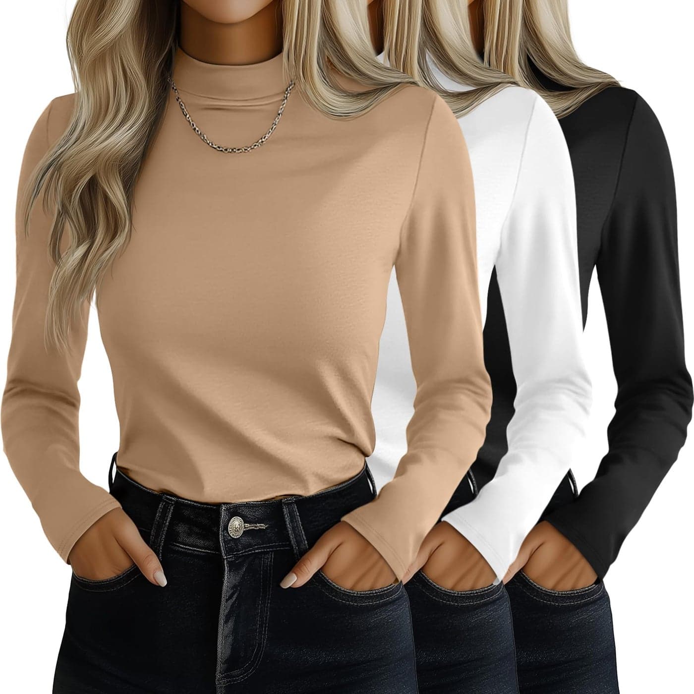 Ficerd 3 Pack Womens Mock Turtleneck Shirts Long Sleeve Mock Neck Pullover Tops Slim Fitted Stretch Undershirt Tee BlouseBlack White MochaXLarge