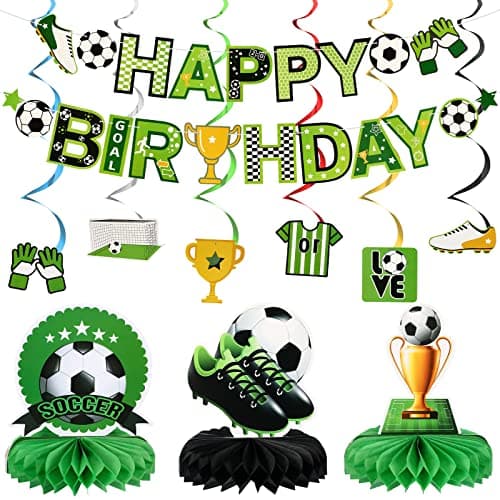 Hanaive 16 Pcs Soccer Birthday Party Decorations Include Soccer Happy Birthday Banner Table Centerpieces Paper Cutouts Hanging Swirl for Boys Sports Football Party Decor