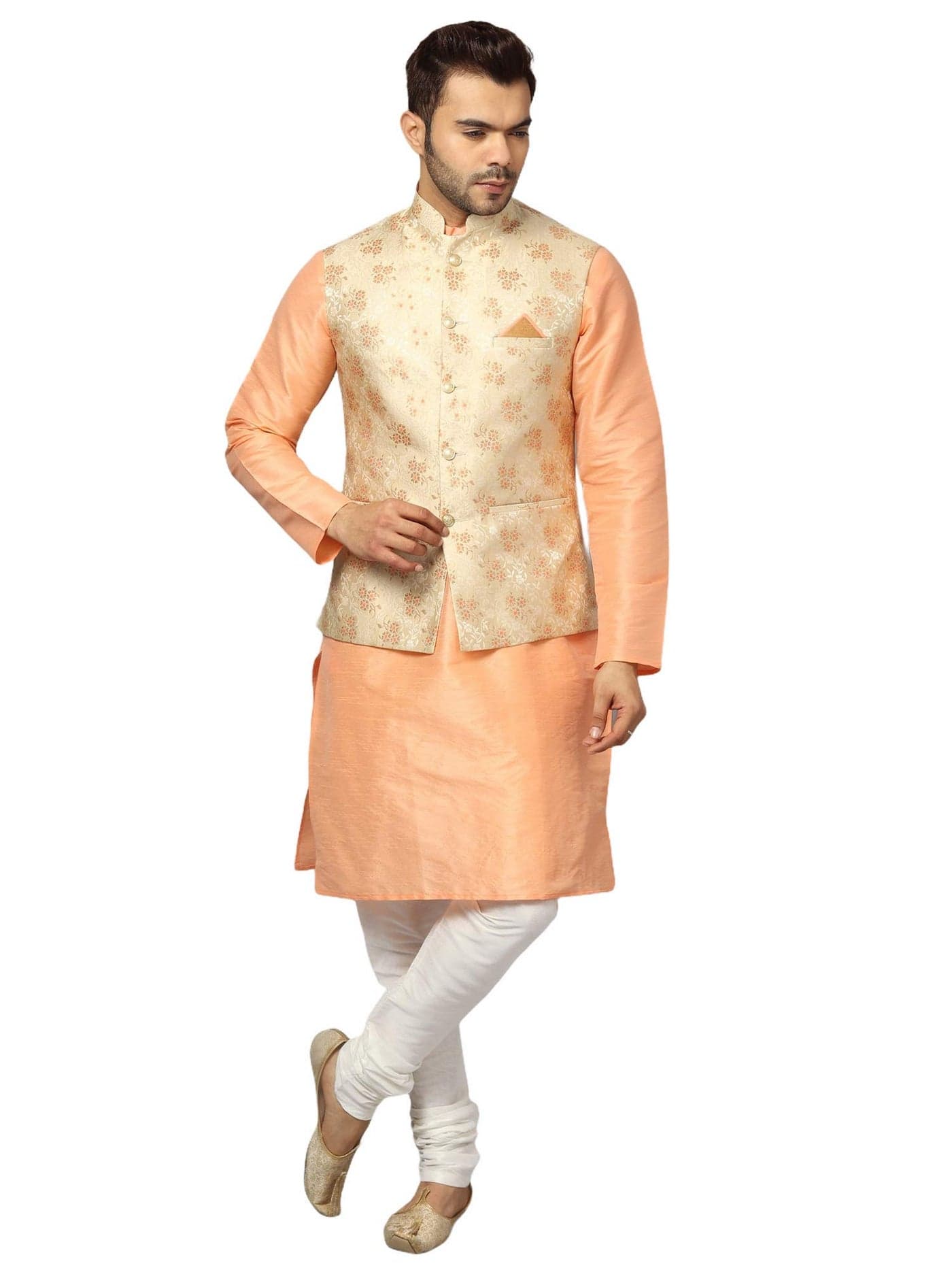 Ethluxis Silk Blend Solid Men's Kurta Set With Ethnic Bundi Nehru Jacket (42, Peach/White)