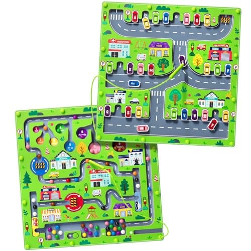 rifamee 2 in 1 Magnetic Color and Number Maze Magnet Alphabet Counting Double Sided Board Wood Puzzle Fine Motor Skills Montessori Preschool Toys Gifts for Boys and Girls 35 Age Big Car One Size