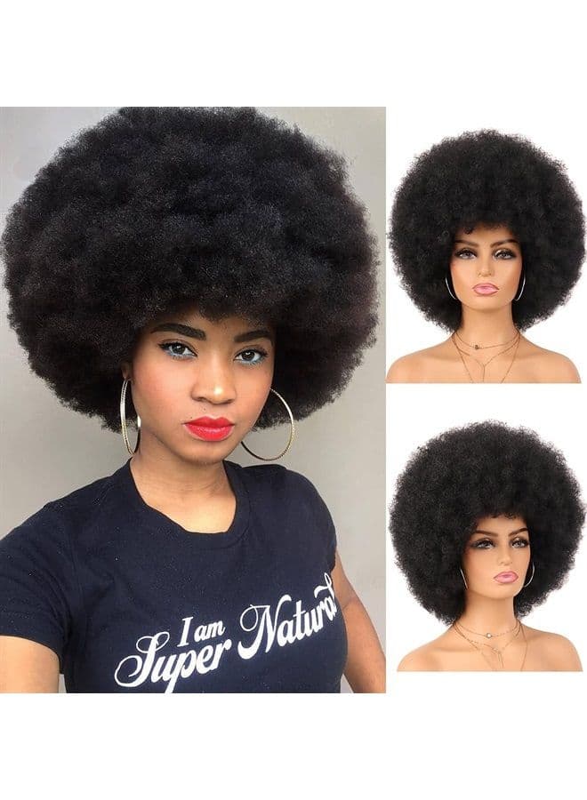 70's Afro Curly Wigs for Black Women Glueless Wear and Go Wig 8 inch Black Afro Wigs Large Bouncy and Soft Natural Looking Full Wigs for Daily Party Cosplay Costume(1B)