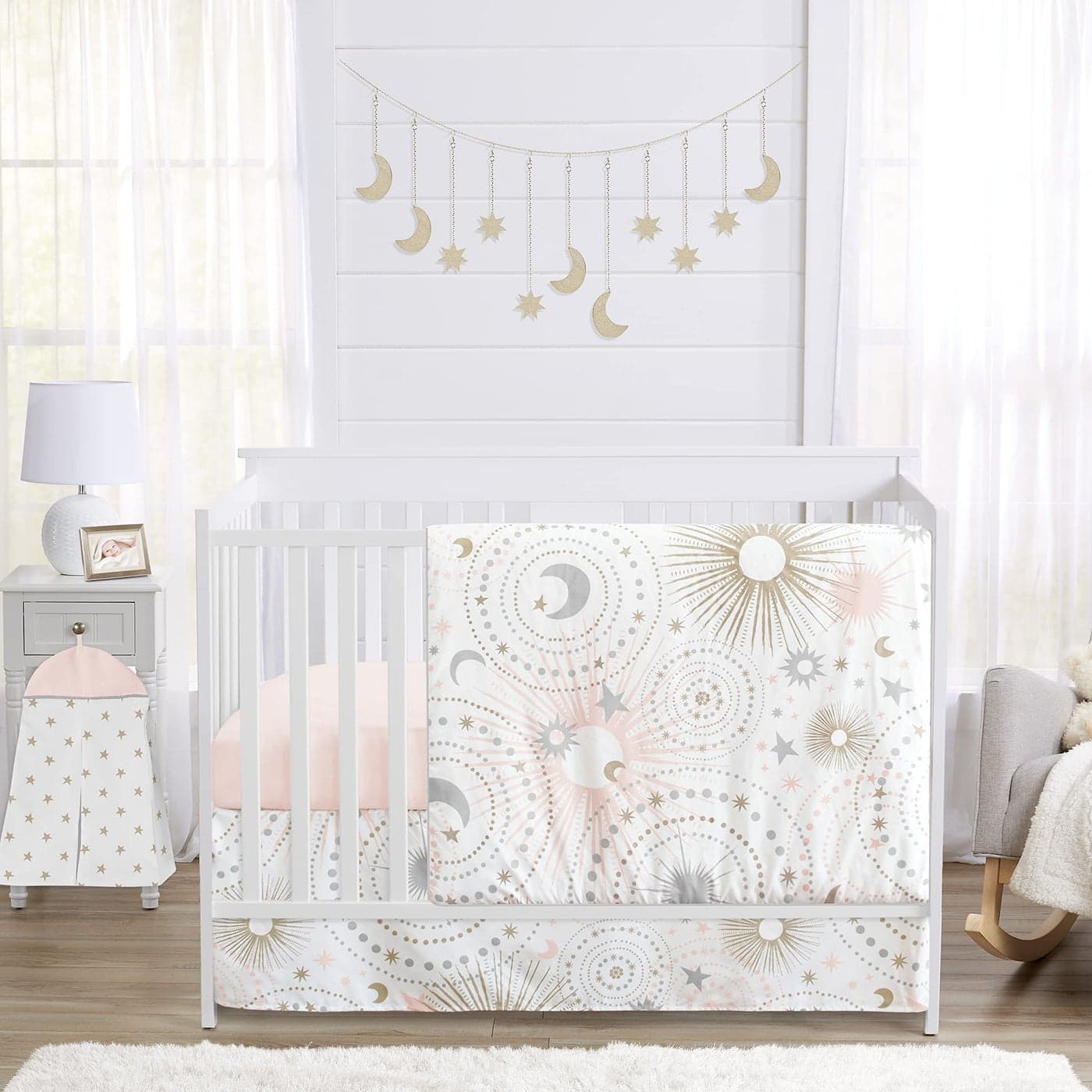 Sweet Jojo Designs 4 pc Blush Pink Gold Grey and White Star and Moon Celestial Baby Girl Crib Bedding Set