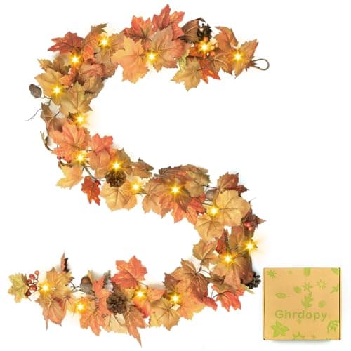6 Ft Artificial Fall Garland with Lights - Autumn Maple Leaf f Thanksgiving Decor Hanging Vine Autumn Foliage Garland Used for Home Wedding Party Decor