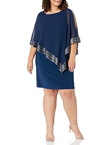S.L. Fashions Women's Plus Size Cape Dress, Navy Foil, 18W