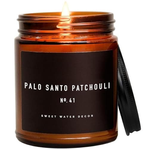 Sweet Water Decor Palo Santo Patchouli Candle - Vanilla, Musk, Sandalwood, Patchouli Scented Soy Spa Candles for Home - Gifts for Women, Men - 9oz Amber Jar, 40 Hour Burn Time