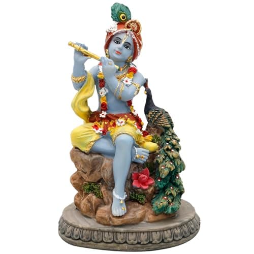alikiki Hindu God Krishna Statue - 5.5”H India Lord Krishna Idol Play The Flute w/Peacock Murti Item Home Office Temple Mandir Shrine Altar Pooja Decor Diwali Puja Decor Gifts for Indian Friend