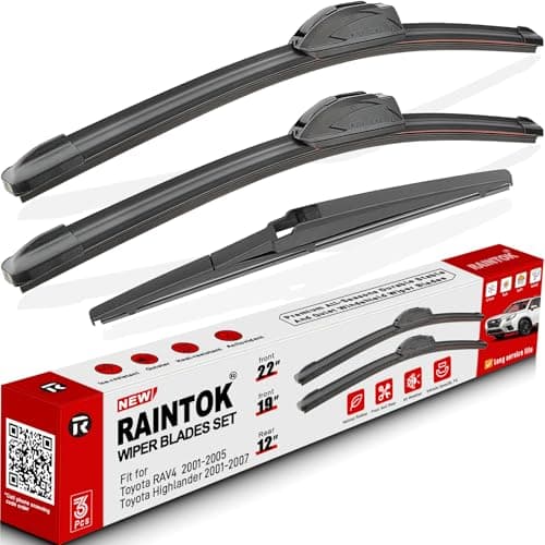 RAINTOK Windshield Wiper Blades Replacement for Toyota Highlander 2001-2007 / Toyota RAV4 2001-2005 Original Factory Quality Front Rear Wipers Blade Set for My Car - 22" 19" 12" (Pack of 3)