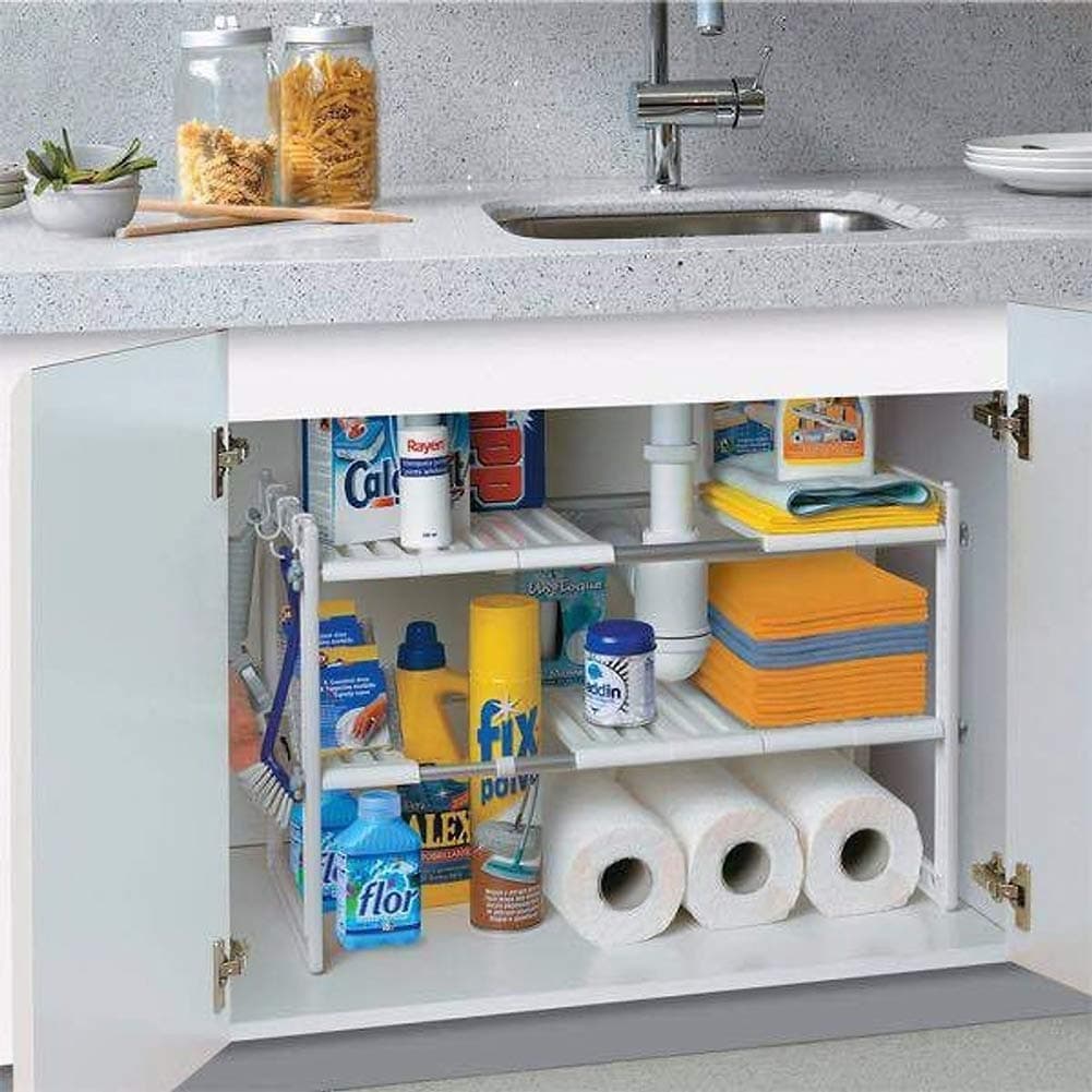 Warmiehomy 2 Tier Extendable Sink Shelf Adjustable Under Sink Rack Multifuctional Storage Rack Stainless Steel Tubes for Kitchen Bathroom Cabinet 5070 x265x39cm