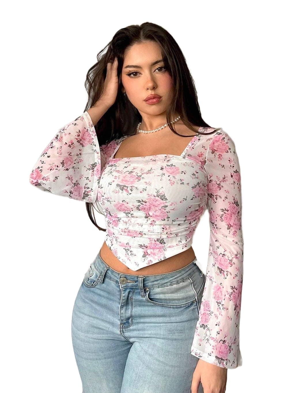 Istyle Can Floral Print Slim‑Fit Crop Top with Square Neck & Bell Sleeves Casual for Women, 95 % Polyester/5 % Elastane Knit, Trendy Crop Tee for Jeans and Skirts (in, Alpha, M, Regular, White)