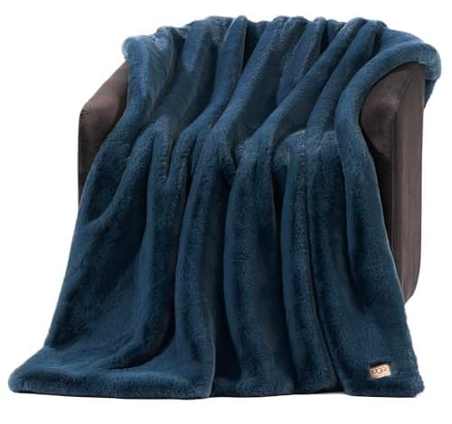 UGG Euphoria Faux Fur Throw Blanket, Soft Warm Throw Blankets for Couch or Bed, Luxury Bedroom Decor, Giftable Fuzzy Blankets, Machine Washable, 50-inch x 70-inch, Indigo Blue