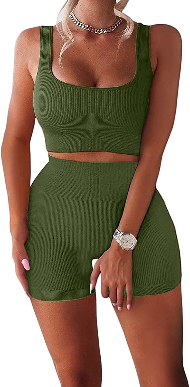 YESDOO Women's Workout Outfits Ribbed Tank 2 Piece Seamless High Waist Gym Outfit Yoga Shorts Leggings Sets