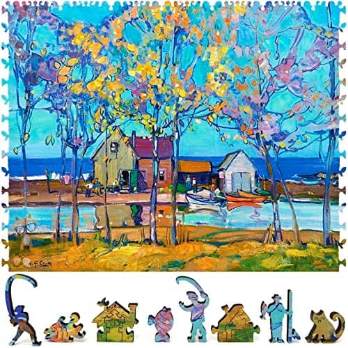 Wooden Puzzle for Adults Uniquely Shaped Pieces Made in The USA by FoxSmartBox 255 Pieces Fishermens Cottages