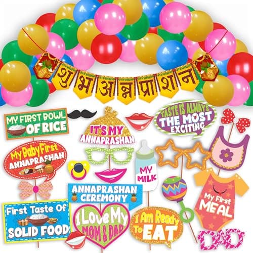 WOBBOX Annaprashan Party Props with Hindi Font Yellow Background with Maroon Color Font Bunting Banner & Balloon, Annaprashan Decoration Item (43 Pcs Combo)