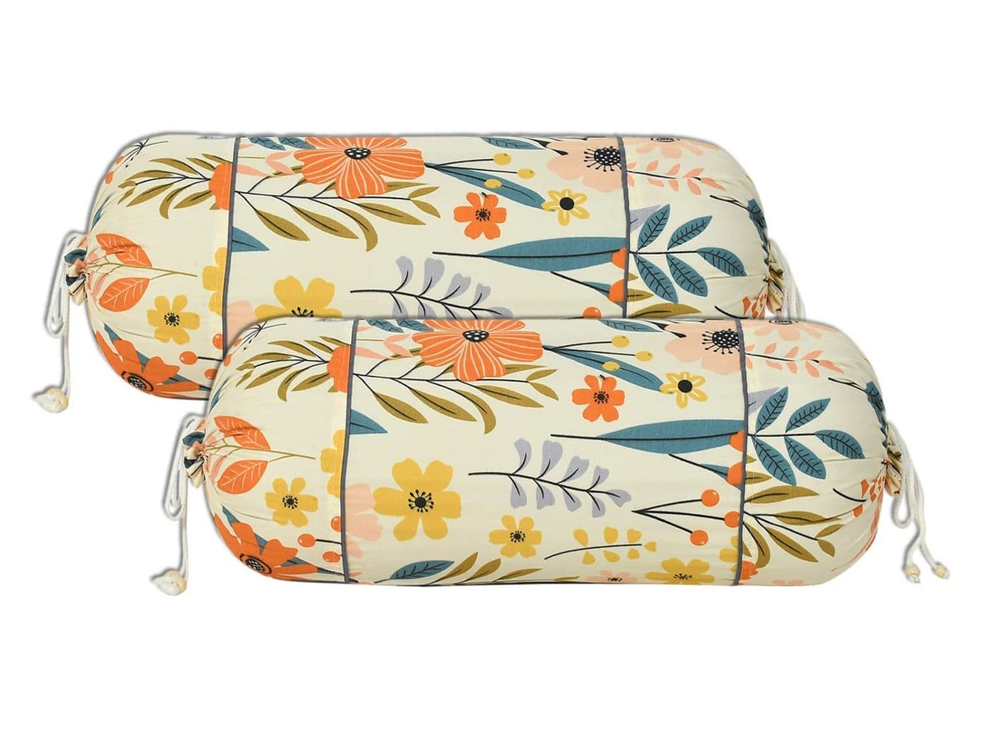 Kuber Industries Cotton Leaf Print Bolster Cover With Drawstring|Round Bedside Long Pillow Cover|Dewan Pillow Cover Set "16 X 32" |Bolster Cover Set Of 2 (Cream)