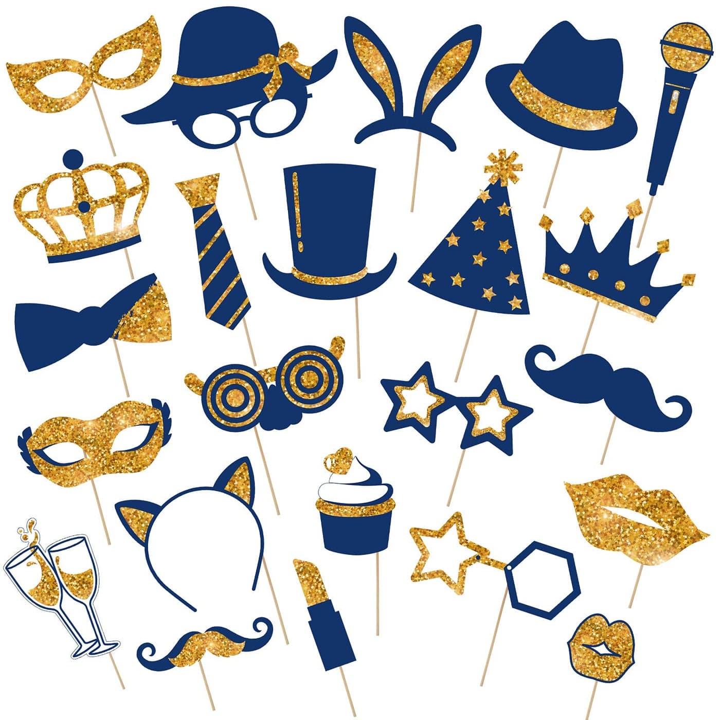 Zonon 24 Pieces Funny Photo Booth Props for Birthday Weddings Graduation Party Supplies Prom Disco Mardi Gras Party Supplies Mix of Hats Lipstick Tie CrownsGold and Navy Blue
