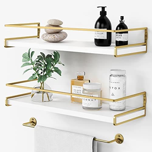 Forbena Floating Bathroom Shelves Wall Mounted Aesthetic White and Gold Shelves for Bathroom Accessories Modern Bathroom Organizer with Tower Bar for Wall Decor Storage Small Spaces Set of 2