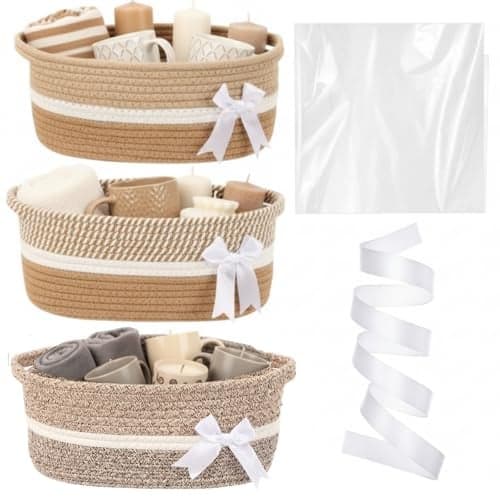 Colingmill 3 Pack Graduation Small Bow Woven Basket Empty with Handles Gift Bags and Ribbon 12 x 8 x 5 Gift Baskets to Fill Storage Box Pet Toy Wedding PresentsBrown